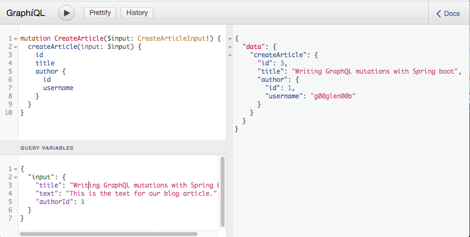 Screenshot of GraphiQL executing a mutation query